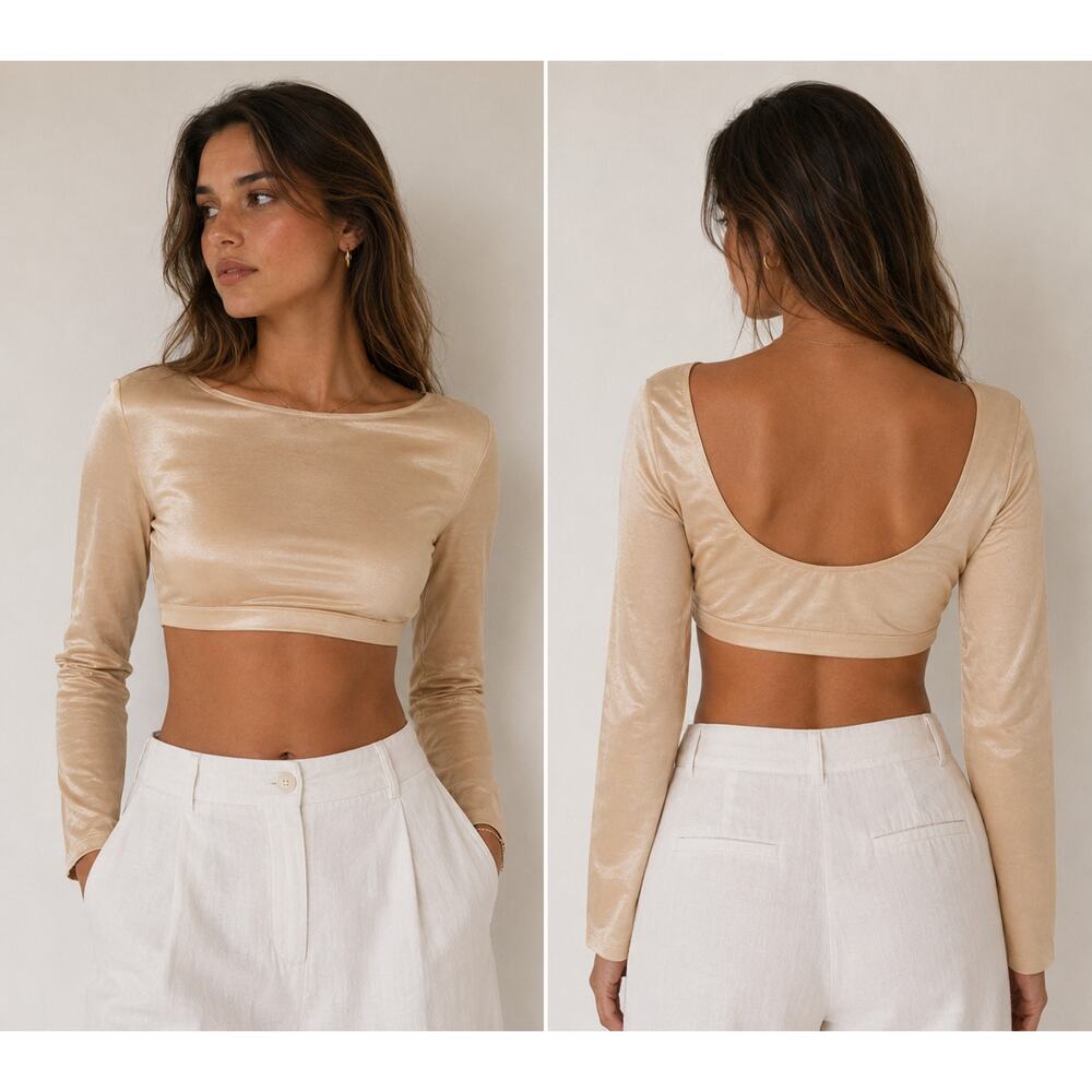 Skims Barely There Shapewear Clay Tan Cropped Open Back Long Sleeve Top Women XL